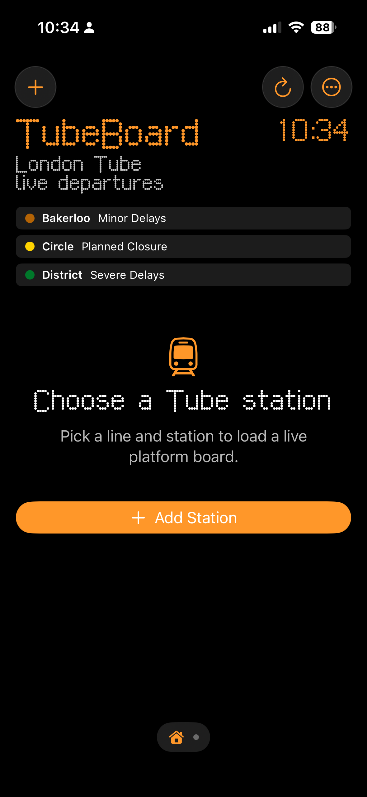 TubeBoard app home screen with an Add Station button